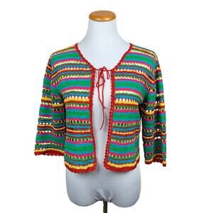 Vintage TakeOut Cardigan Multicolor Stripe Open Knit Tie Front Y2K Women's L